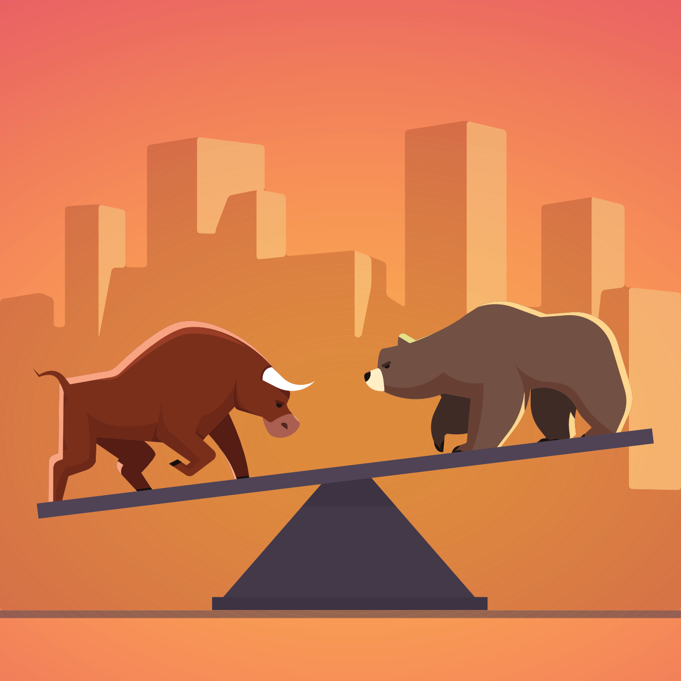 An illustration of a bull and bear on either side of some scales
