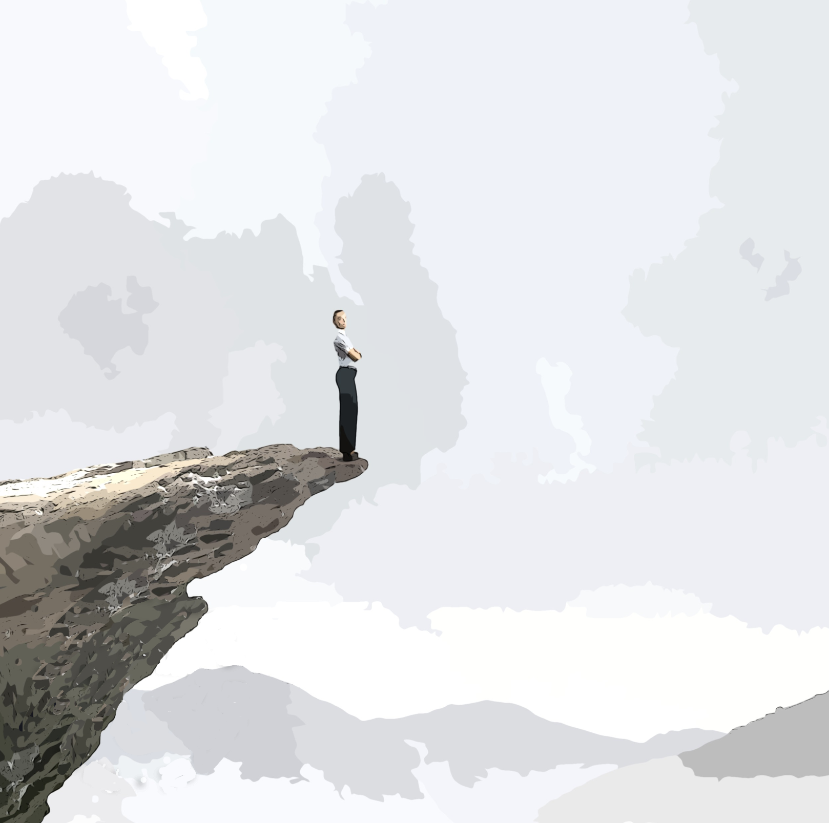 Person standing on a precipice in mountain scenery