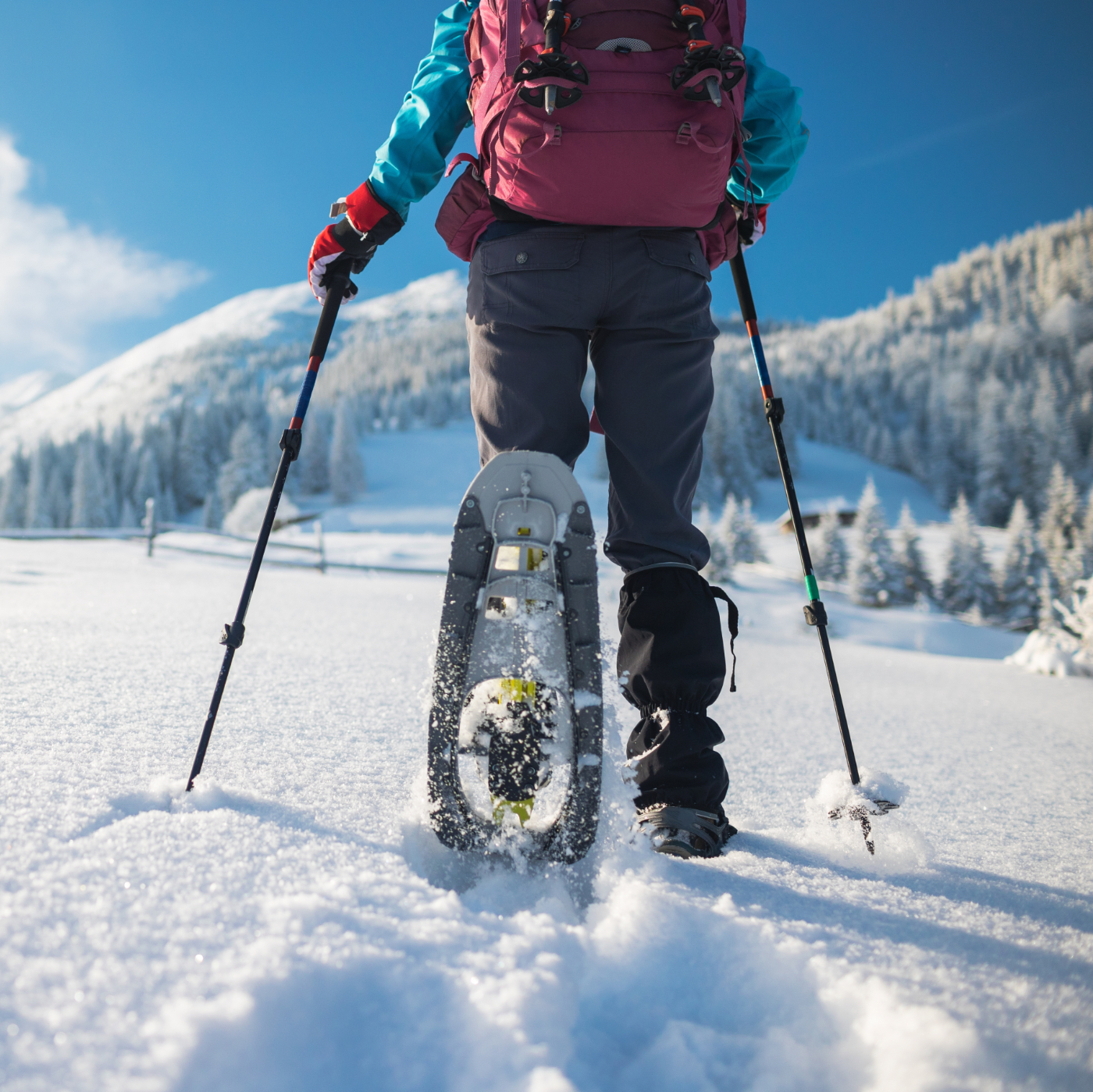 A woman with a backpack in snowshoes climbs a snowy mountain, winter trekking, hiking equipment